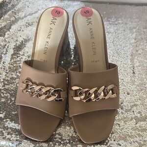 Anne Klein Brown Mules with Gold Chain Detail